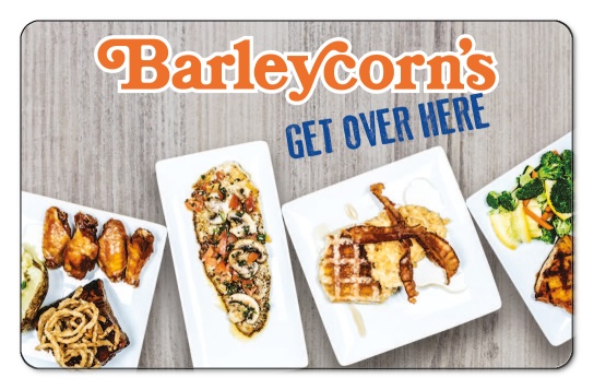 barleycorn's orange and blue text logo over an image of plates of food